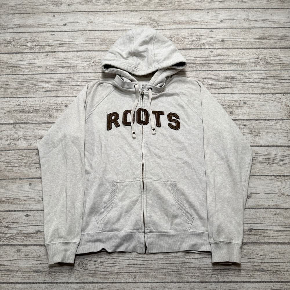 Roots 73 Athletics Hoodie Mens Large Gray Chenille Logo Raglan Fleece Sweatshirt